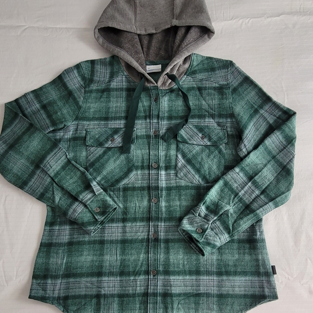 Columbia Green Plaid Hooded Shirt